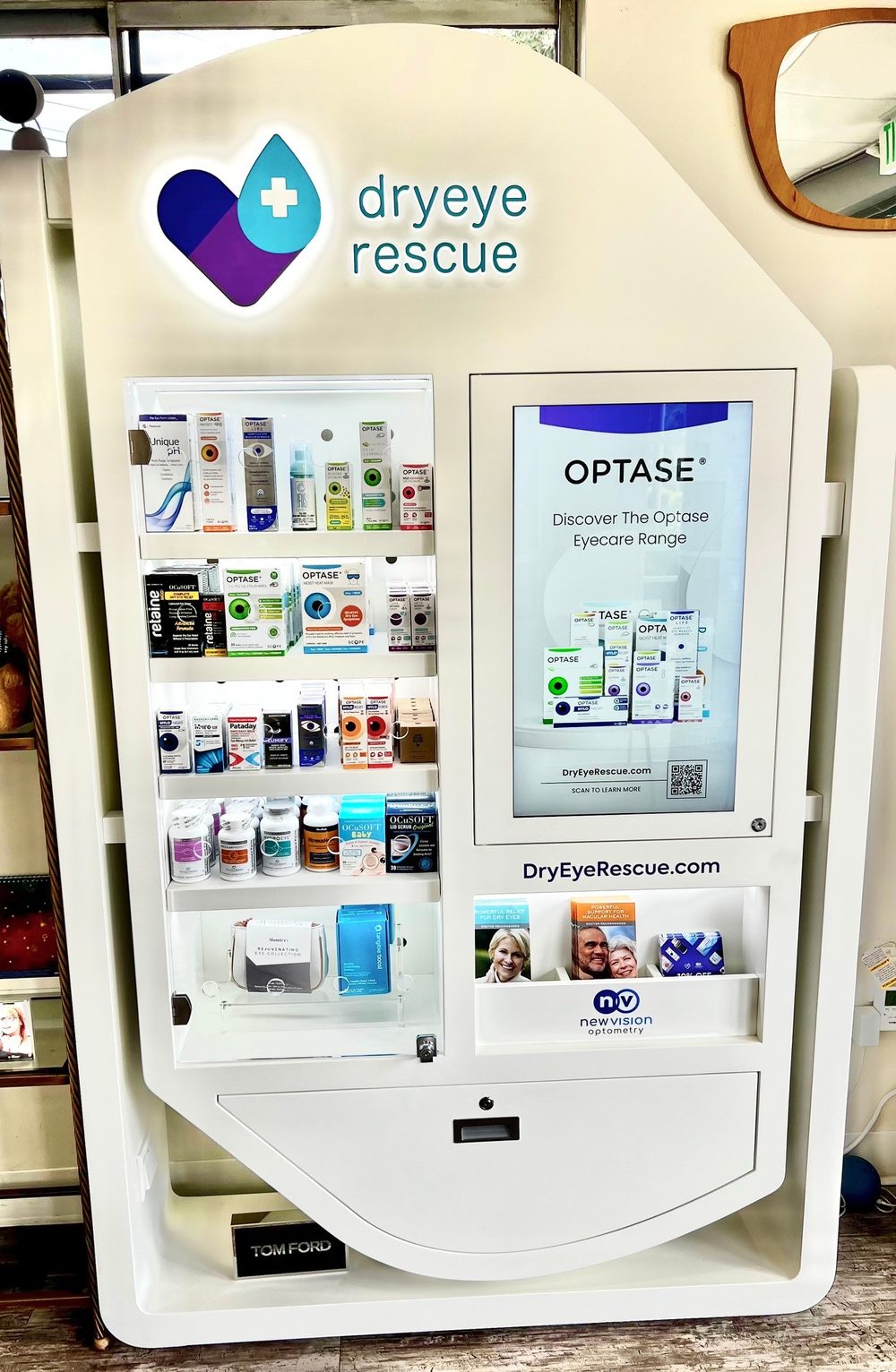 The Dry Eye Rescue display in the office at New Vision Optometry, its shelves stocked with the products the doctors recommend